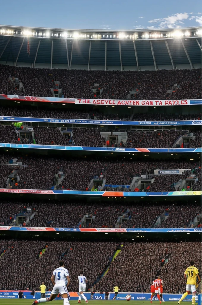 A player missing a goal in front of the goal and the entire stands shouting at him