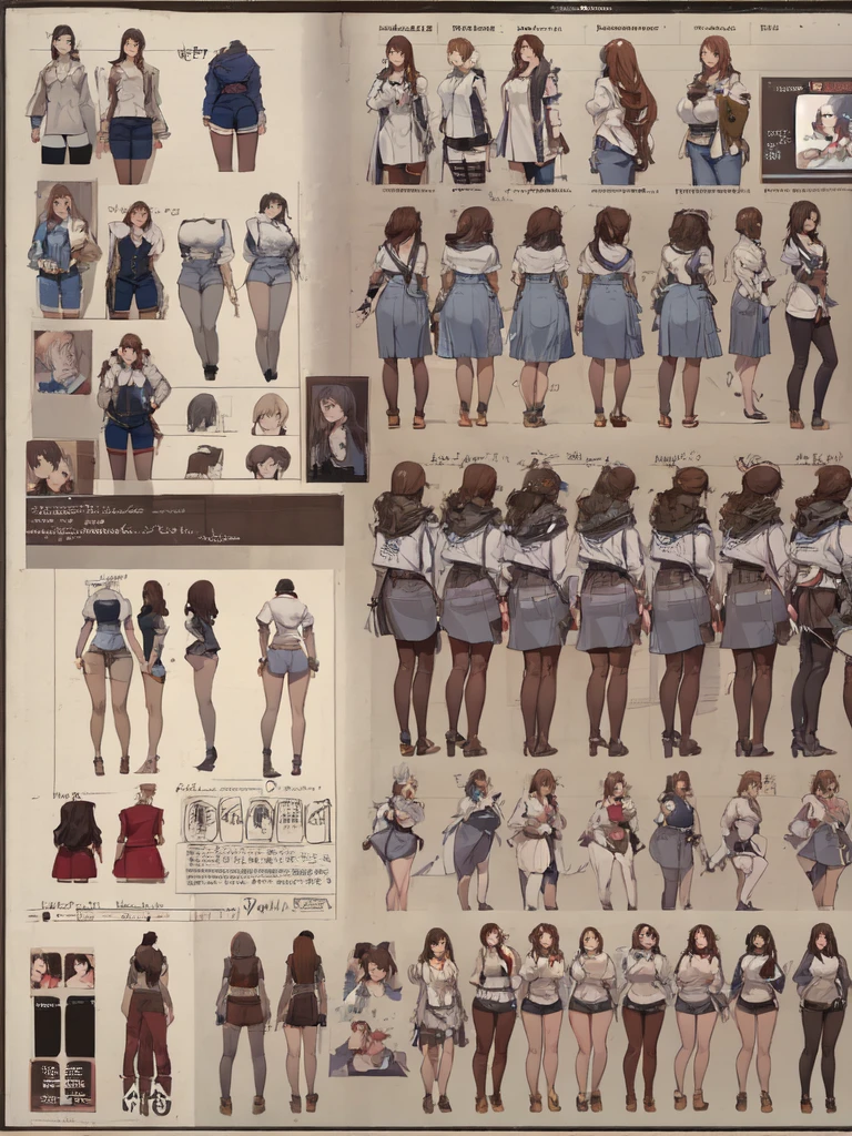 Detailed character sheet, Front view, Side view, Diagonal view, with a white returnground, show women, 21 years old, huge breasts, with short dark brown hair combed return, Wearing light fashion clothing, Wearing tight denim jeans. The seat includes different angles, Front etc., return, and Side views, Model sheets and reference sheets, Full-body painting. Proportions are based on a 7.5 head scale. Anime style