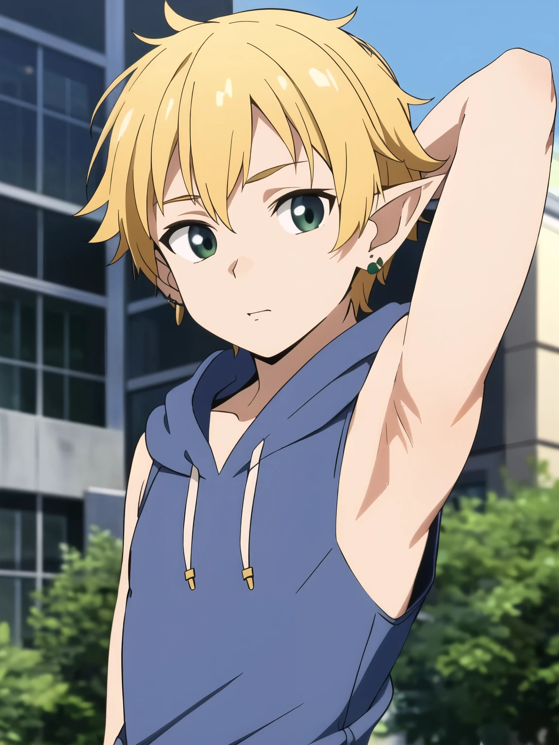 Highres, Masterpiece, Best quality at best,Best Quality,hight quality, hight detailed, Anime screencap style, 1boy, Young boy, Shota, Sleeveless hoodie, Elf ear, earring, Straight hair, Seen from the front, look at viewer, (very young boy), (very small and short body), Age 12, Such a cute smooth armpit, Cute armpit, sexy armpit, The armpits of a 12 year old boy, Adorable little armpits, seductive armpits, showing armpit, City, Blurry beckground, hansome boy, Uhd, 4k wallpaper