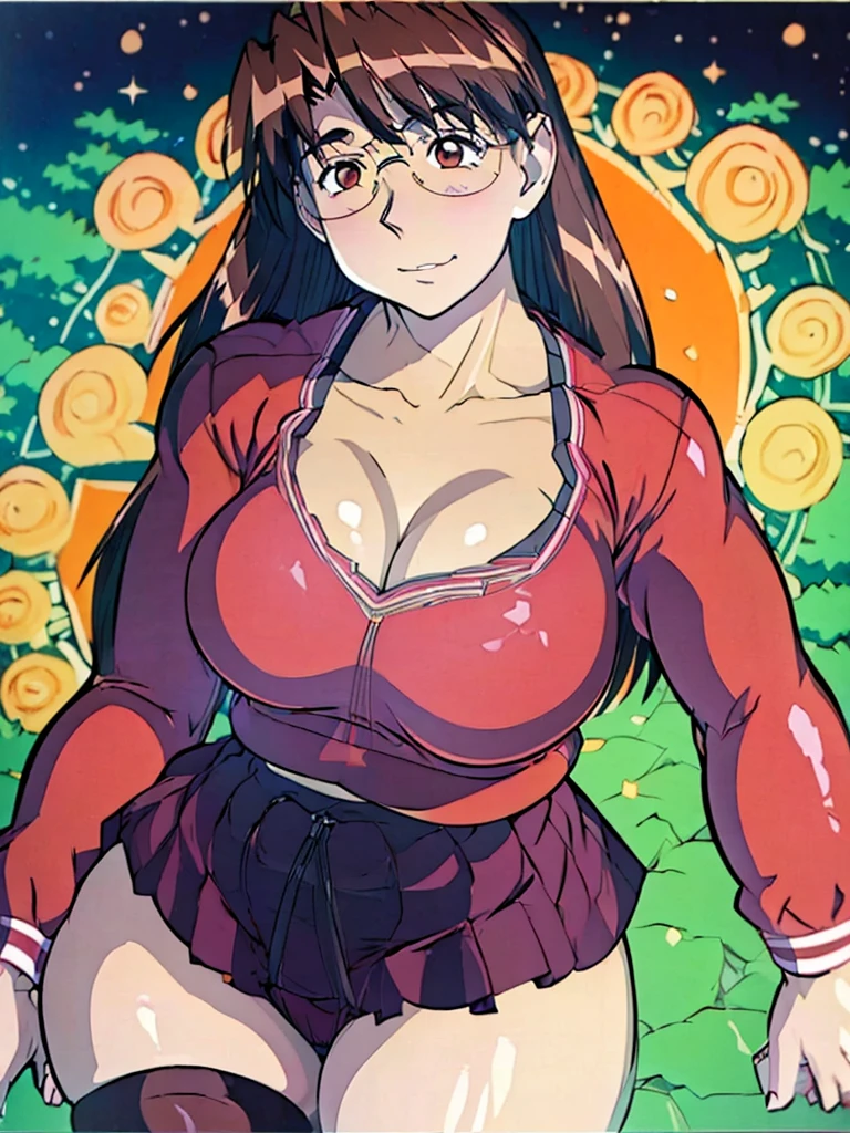 absurdres, highres, ultra detailed, high quality, (1girl:1.3), azumanga daioh's , huge breasts, brown eyes, brown hair, glasses, mizuhara koyomi, azumanga daioh, long hair, long sleeves, pink shirt, pleated skirt, red skirt, plump , serafuku, frown, sulking, tsundere, wide hips, thighhighs, breast curtains, curvy, no bra, gigantic breasts, thick thighs, thighs, classroom, masterpiece, collarbone, large breasts, blush, outdoors, blurry background, large hips, huge butt, plump, sexy, Milk meat spilled from the armor, bubble butt,Smell,sweat,((Breasts are larger than the torso)),(((Crazy swollen breasts))),((Exaggerated body proportions)),(Nine-headed body),a plump buttocks,slender leg,Thick thighs, camel-toe,Lift, extremely tight clothes, extremely delicate and beautiful, perfect lighting, perky breasts, (((wide hips))), ((thick thighs)), (chubby), chubby belly, fat rolls, belly hang, intricate background, detailed background, busty, gravure pose, seductive pose