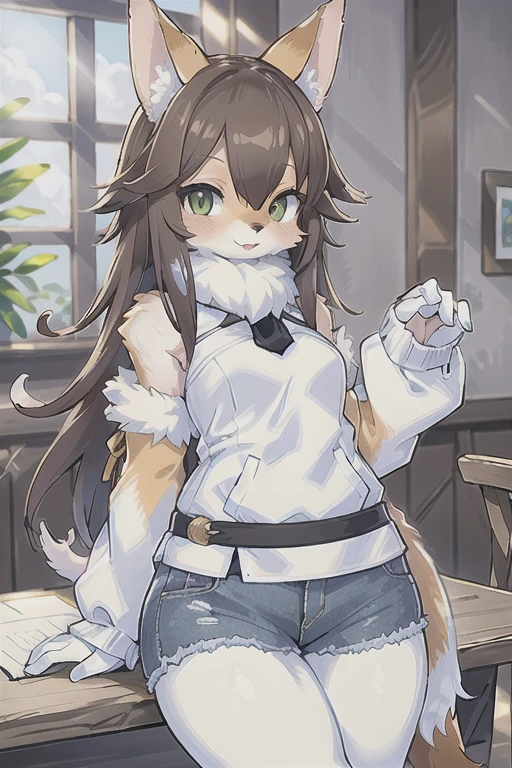 anthro female dog,short jeans,long Curly hair,eyes with brightness,in a panoramic view,focal point。Detailed background enhancement(0.7),solo,Furry fortification,Furry female,female focus,anthr,Fluffy tail all over,eGreen eyes,Yellow-fur,Long brown hair,The fur has Brown stripes on it,Small and cute strengthened,Long canids strengthened(1.2),interiors、the night、pays(1.1)。