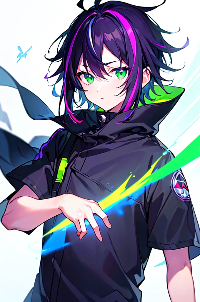 [(WHITE BACKGROUND:1.5),::5], ((((masterpiece)))), high quality, ultra very high resolution, full color, (((solo))), ((little boy)), black hair, ((purple streaked hair)), (green eyes), anime, ((upper body)), neon light, black parka, (green flame effect:1.2)