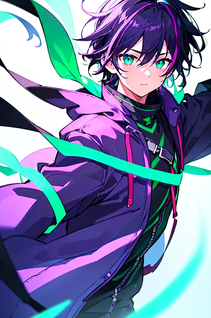 [(WHITE BACKGROUND:1.5),::5], ((((masterpiece)))), high quality, ultra very high resolution, full color, (((solo))), ((little boy)), black hair, ((purple streaked hair)), (green eyes), anime, ((upper body)), neon light, black parka, (green flame effect:1.2)
