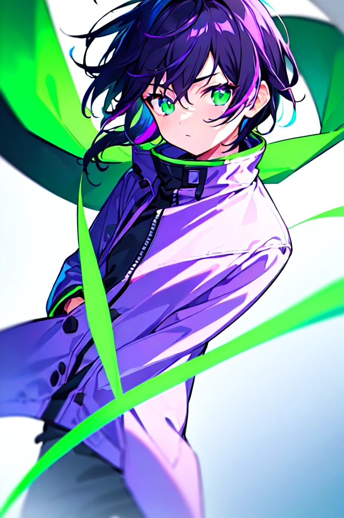 [(WHITE BACKGROUND:1.5),::5], ((((masterpiece)))), high quality, ultra very high resolution, full color, (((solo))), ((little boy)), black hair, ((purple streaked hair)), (green eyes), anime, ((upper body)), neon light, black parka, (green flame effect:1.2)
