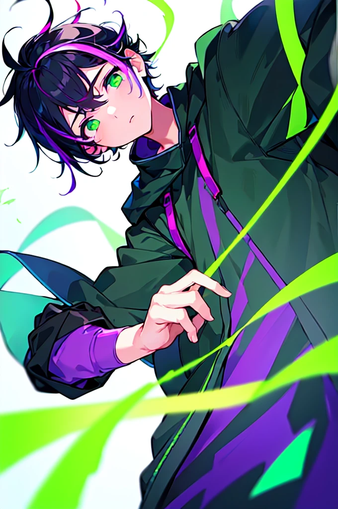 [(WHITE BACKGROUND:1.5),::5], ((((masterpiece)))), high quality, ultra very high resolution, full color, (((solo))), ((little boy)), black hair, ((purple streaked hair)), (green eyes), anime, ((upper body)), neon light, black parka, (green flame effect:1.2)