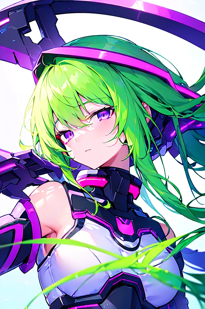 [(WHITE BACKGROUND:1.5),::5], ((((masterpiece)))), high quality, ultra very high resolution, full color, (((solo))), ((Mecha musume)), Mecha girl, ((Green hair)), (Purple eyes), anime, upper body, neon light, cyborg body, (Purple neon effect:1.2)
