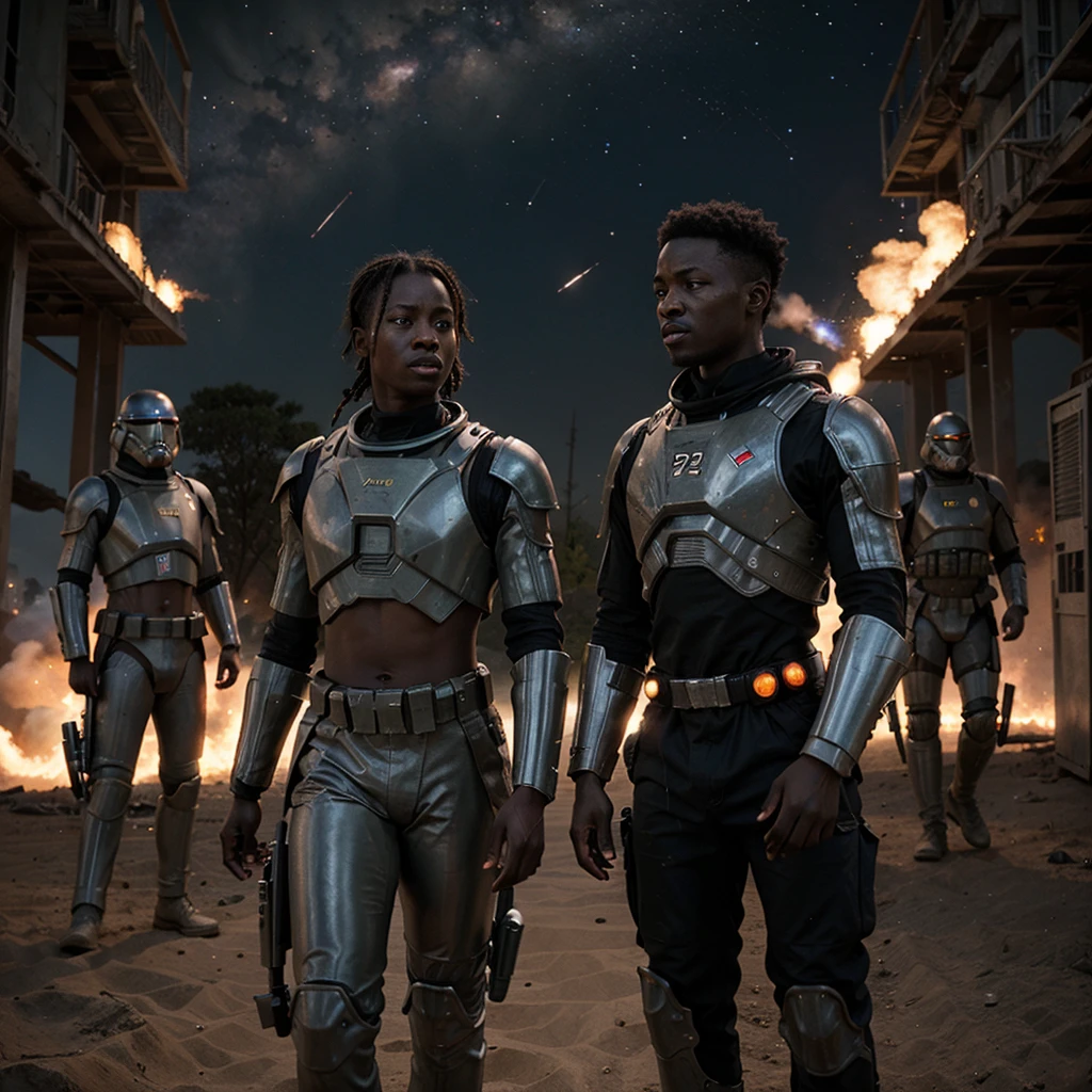 Photorealistic Sci-fi African war movie involving explosions, planetary romance, galactic empire, spaceships and advanced African sci-fi warriors possessing superpowers