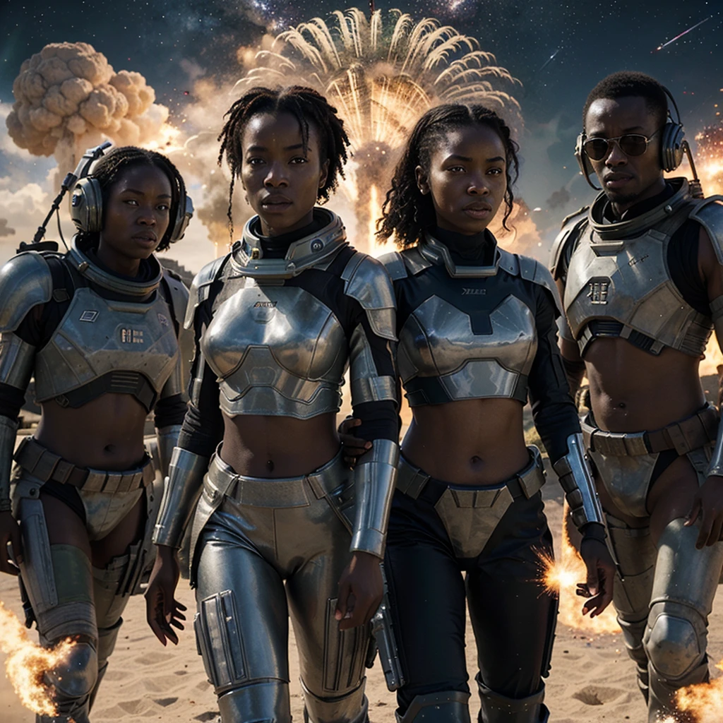 Photorealistic Sci-fi African war movie involving explosions, planetary romance, galactic empire, spaceships and advanced African sci-fi warriors possessing superpowers