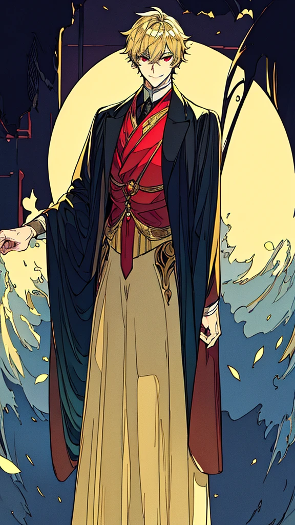 masterpiece, best quality, high quality, detailed, ultra detailed, beautiful, man, male, evil smiling, standing, looking at viewer, short hair, blonde, red eyes, pale skin, tall, athletic, suit, black background, outside, beautiful, anime, moonlight
