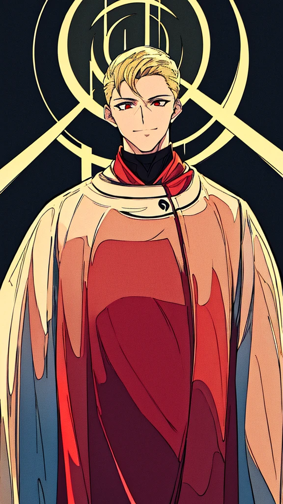 masterpiece, best quality, high quality, detailed, ultra detailed, beautiful, man, male, evil smiling, standing, looking at viewer, short hair, blonde, red eyes, pale skin, tall, athletic, suit, black background, outside, beautiful, anime, moonlight