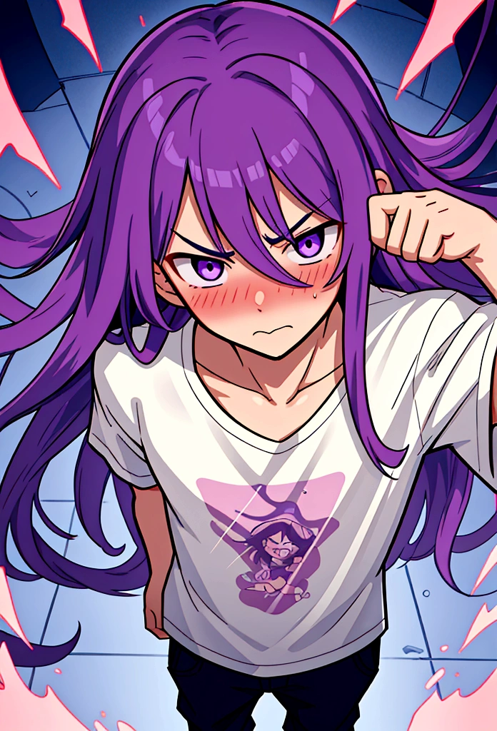 Boy with very long intense violet hair, blushing angry, shy, nervous, pointing forward, white t-shirt, slightly seen from above, whole body, professional manga cover, manga cover