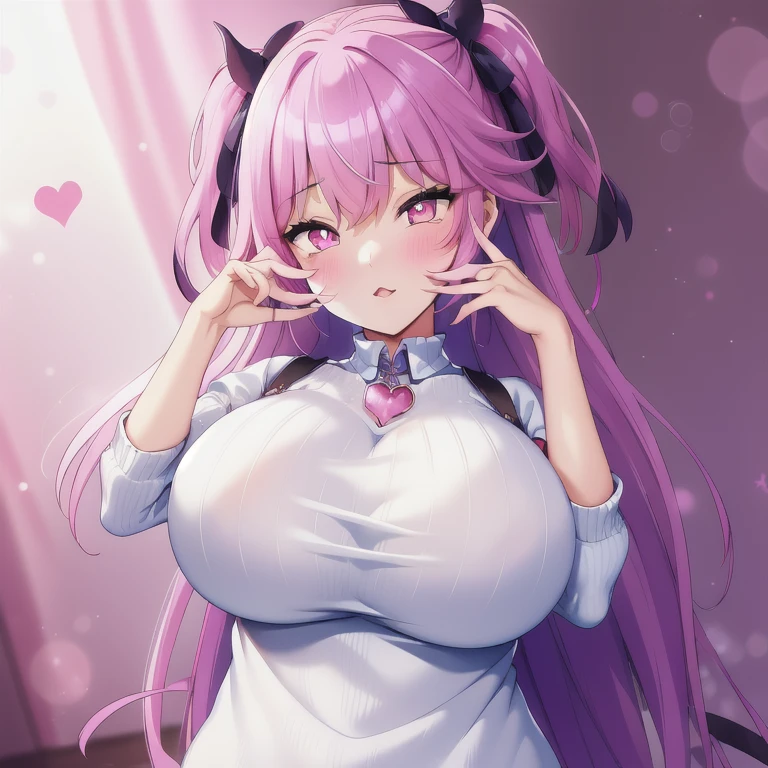 masterpiece,best quality,detailed background,cowboy shot,1girl,lixual_hellmare,solo,two side up,heart-shaped pupils,white sweater,hands on head,