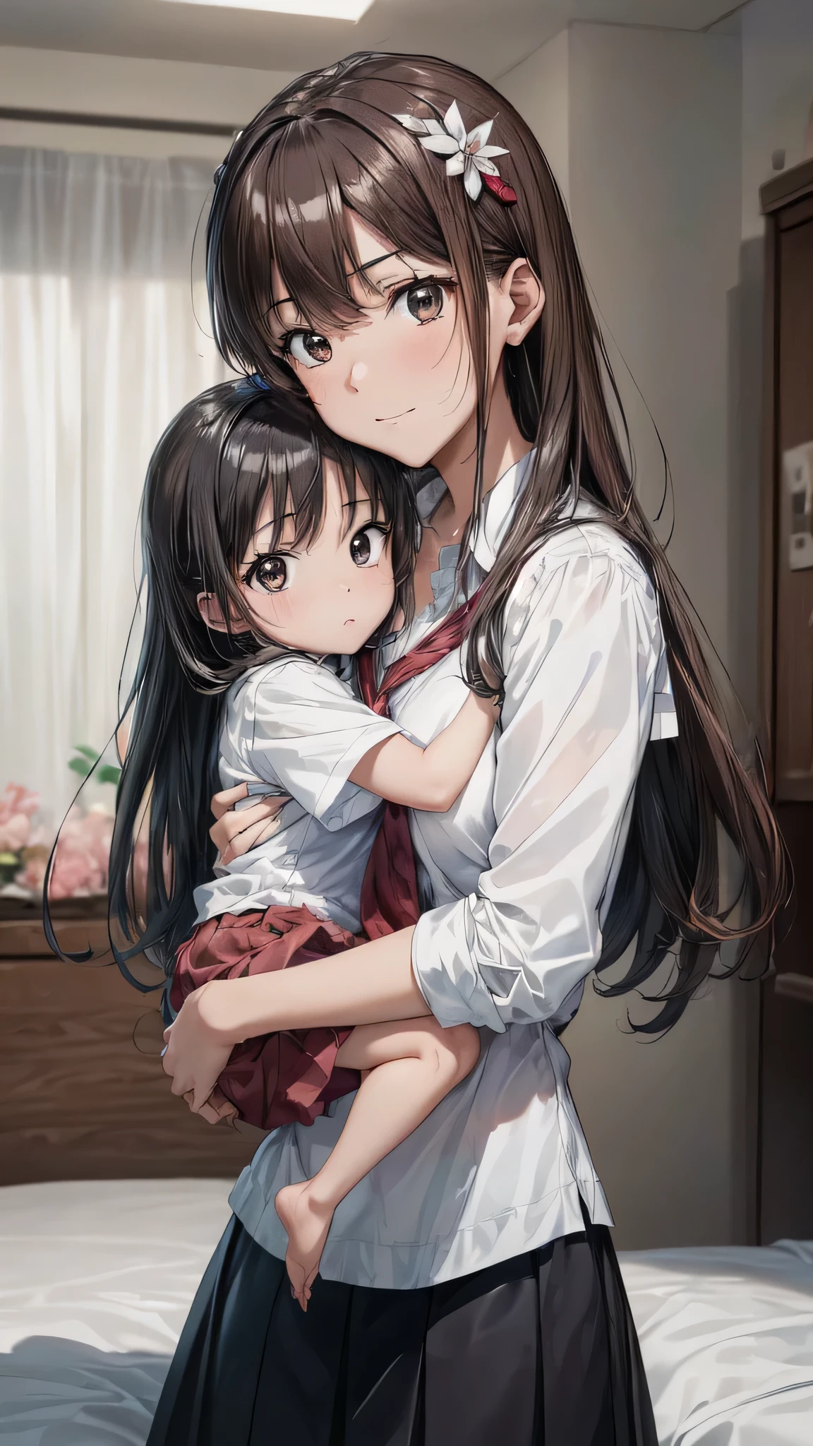 (Ultra-high resolution of the highest quality, masutepiece, Best Quality, 8K, Super Detail, Best Quality:1.3), (Anatomically correct:1.2), 1 Little Baby girl, pre-schooler girl with his mother, hug