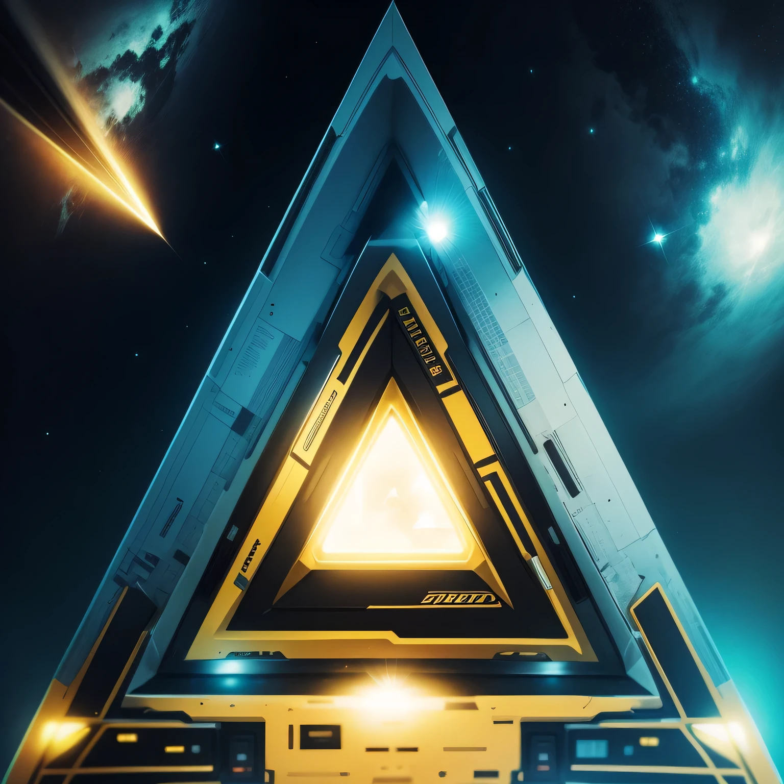 black and yellow coloured lights, yellow colour on the top, white colour in the middle, triangle shaped spaceship in space