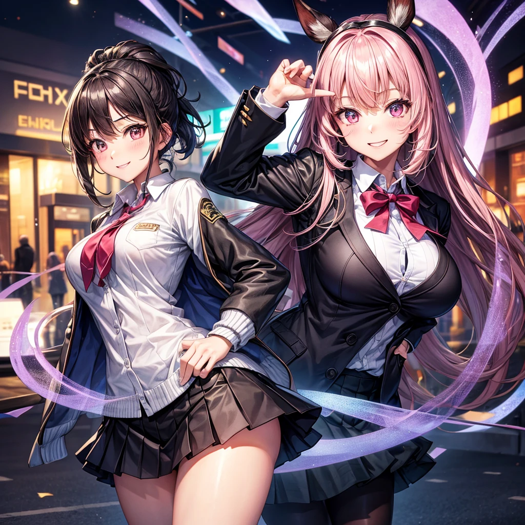 best quality，8K，smile，cardigan，Evolution Fashion，future fashion，blazer，ribbon on uniform，mini skirt，high school girl，multiple girls are depicted，harem，idol group，photo shoot，long hair，wearing a cardigan，highest quality，big breasts，happy girl,horny girl，pink eyes，perfect face，standing position，I have my hands in my pockets，letting down one&#39;s Bangs，beautiful eyes,gym,girls hugging each other,smooth hair，multicolored hair colors，naughty girl，beautiful girl，beautiful girl，loose socks