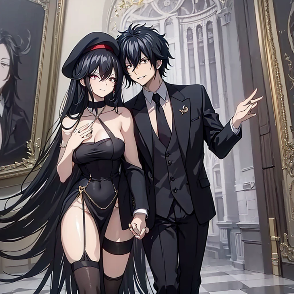 A man with his wife holding hands, (man wearing black suit, black pants, white navy military hat, black hair, black eyes, muscular, black dress shoes, smiling, perfect face, perfect eyes) (Woman wearing red dress sex, exposed thigh, exposed shoulder, big breasts, long brown stockings, black hair, long hair, red eyes, red necklace around the neck, golden barrette in the hair, perfect face, holding hands with the man.), in a luxurious room Spacious with marble floors, large glass windows, artistic painting on the wall.HDR, ultra resolution, well defined, masterpiece, 8K HD. (just a man and a woman)
