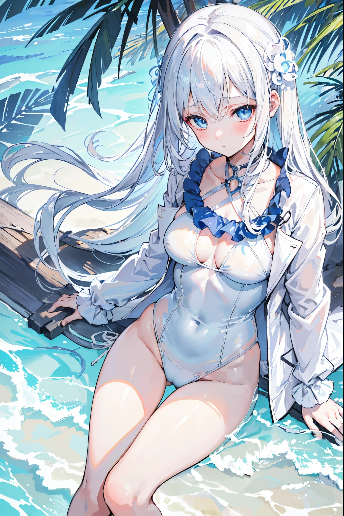 "anime girl, 1 person, silver white hair, dark blue eyes, transparent white women's jacket covering the body, light blue swimsuit, wearing a light blue bikini, wooden sandals, medium chest, shy face, blushing, solo, close view from different angles,",((beach)).(full HD 4K+ image)"