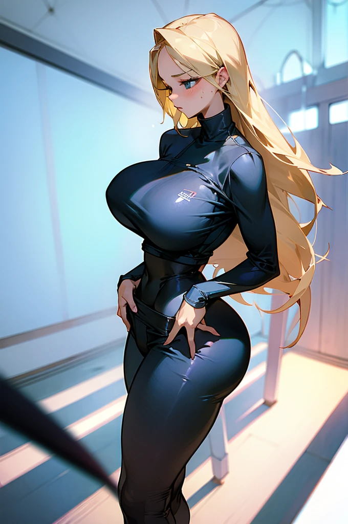 Woman with curves and big breasts. blonde hair, wearing sweatpants.