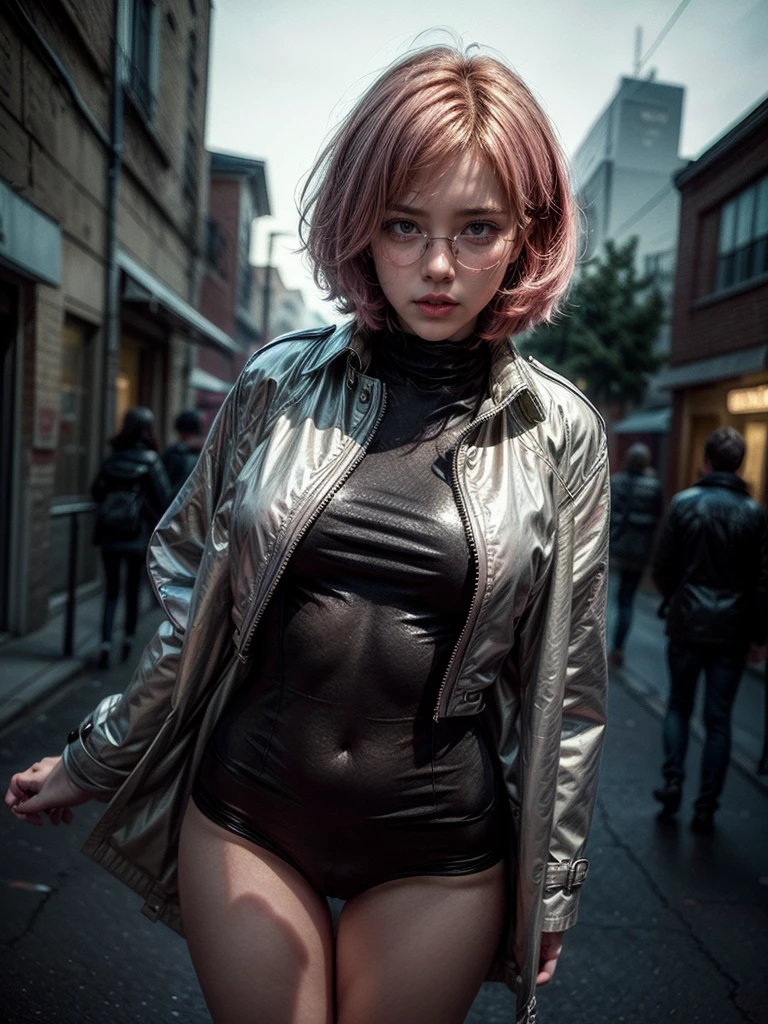 (
(character: a french woman, detective, slim bodysuit, Delgado, pink hair. neat side haircut)
(Clothes: pink trench coat, black shirt, glasses, Boots)
(pose: upper body shot:1.7, dynamic pose)
(blurred, intense urban lights in the background)
(Style: ((Masterpiece:1.5)), (detailed face), photorealistic:1.3, Hyper realistic, foggy, High contrast, shiny skin, soft lighting, backlighting, Bloom, flashes of light, chromatic aberration)