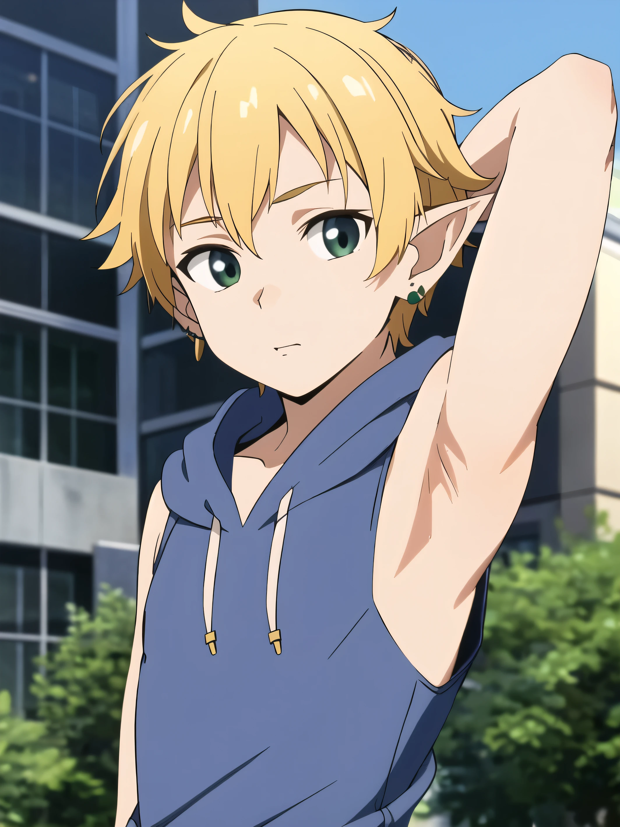 Highres, Masterpiece, Best quality at best,Best Quality,hight quality, hight detailed, Anime screencap style, 1boy, Young boy, Shota, Sleeveless hoodie, Elf ear, earring, Straight hair, Seen from the front, look at viewer, (very young boy), (very small and short body), , Such a cute smooth armpit, Cute armpit, sexy armpit, The armpits of a 12 yeaAdorable little armpits, seductive armpits, showing armpit, City, Blurry beckground, hansome boy, Uhd, 4k wallpaper