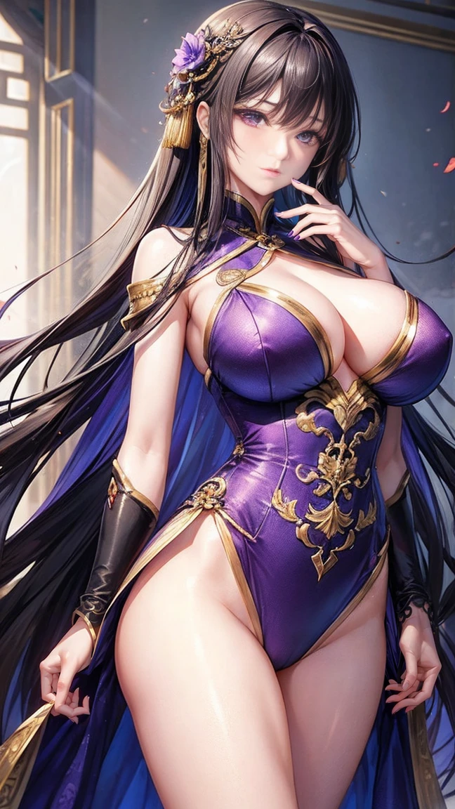 Qian Renxue, Young woman, goddess, long hair, golden hair, purple eyes, big breasts, stand, Perfect Body, Beautiful thighs, realistically