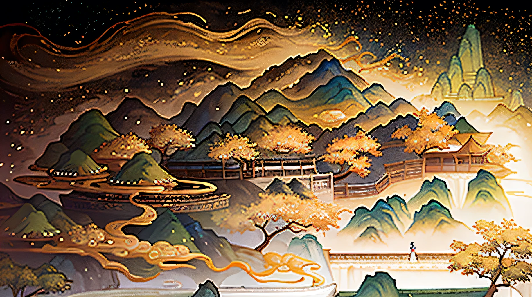 ancient chinese painting, ancient chinese background, Mountain々, Rivers, Auspicious clouds, Pavilion, sunlight, masterpiece, Super detailed, A magnificent composition, Ultra HD, high quality, Very detailed, Official Art, Unified 8k wallpaper, Super detailed, 32k -- V 6
