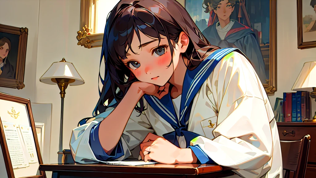 (Highest quality, masterpiece, Ultra-realistic), Beautiful and delicate１５Year-old girl portrait, With a calm and gentle expression, The background is a man studying hard at his desk in his bedroom at home.、Sailor suit、Bust is C cup、It&#39;s summer、The decorations are retro、
