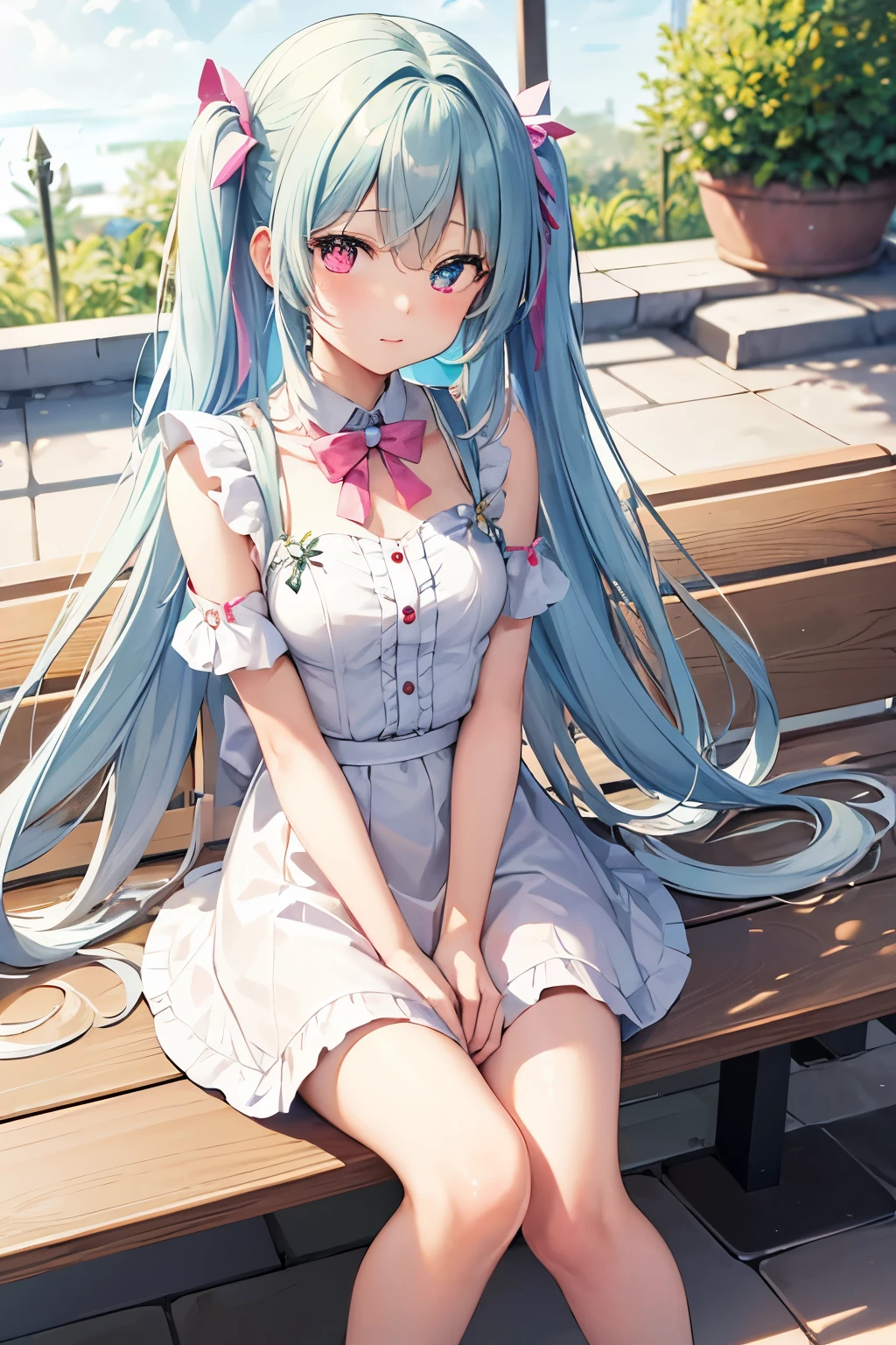 masterpiece, Highest quality, High resolution, nig○miku, heter○chr○mia, Aqua Eye, Pink Eyes, White Skirt, Sitting, table, bench, :○, ○utd○○rs, Light blue and pink heterochromatic eyes, Grey Hair