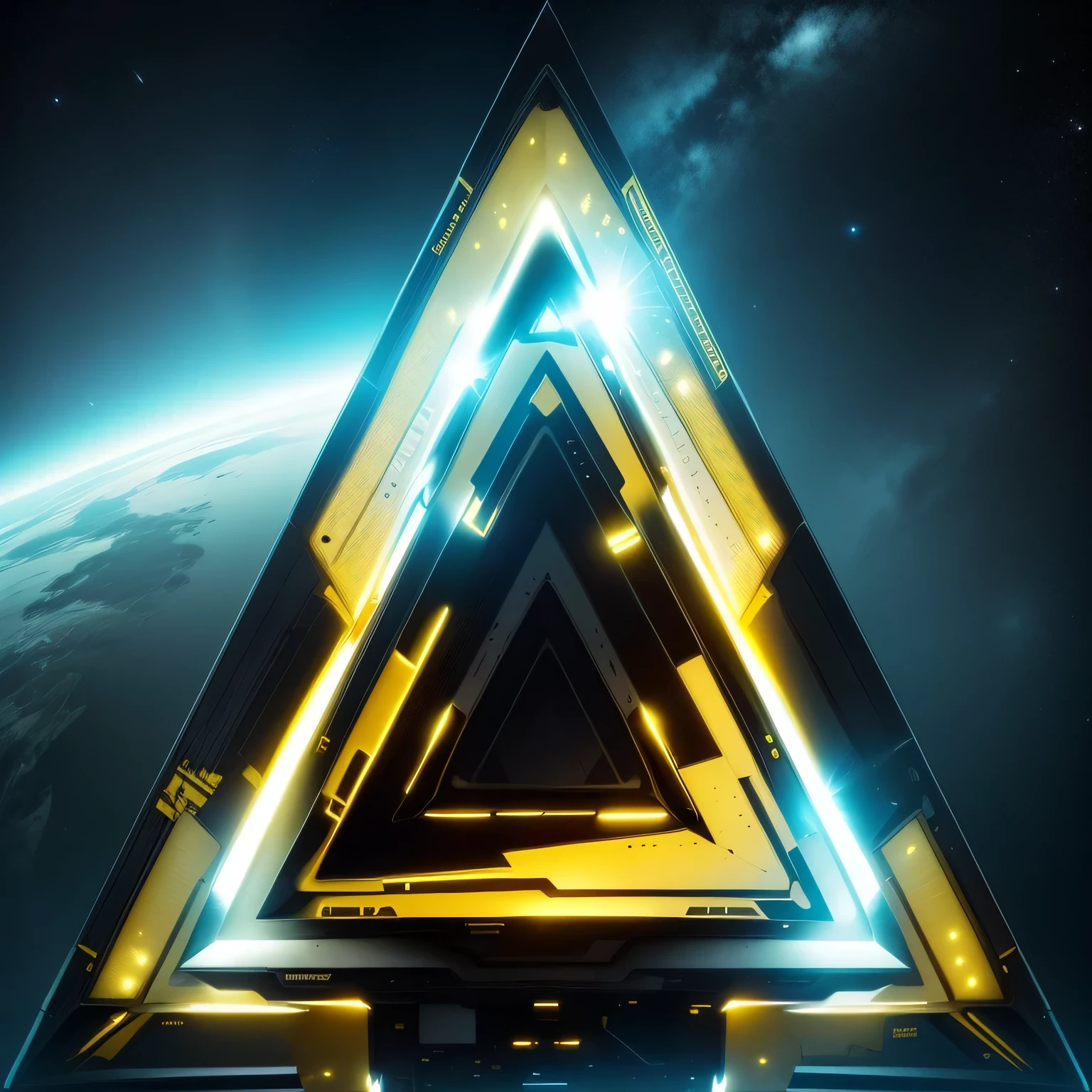 black and yellow coloured lights, white colour in the middle, triangle shaped spaceship in space, 1080, high resolution, focused every wear