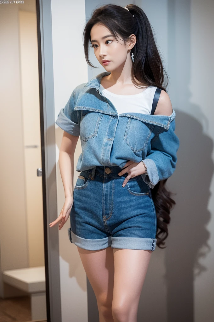 (8K, original photo, Best quality, masterpiece:1.2),(lifelike, 照片般lifelike:1.37), ((Best quality)), Ultra-high resolution, Extremely detailed CG unity 8K wallpaper, Physically Based Rendering, light, Full Body Love, (Bokeh:1.4), (((1 Girl))), (Oval face), Near face,White suspenders,Denim shorts,Off-the-shoulder design,Moody face,High Ponytail,