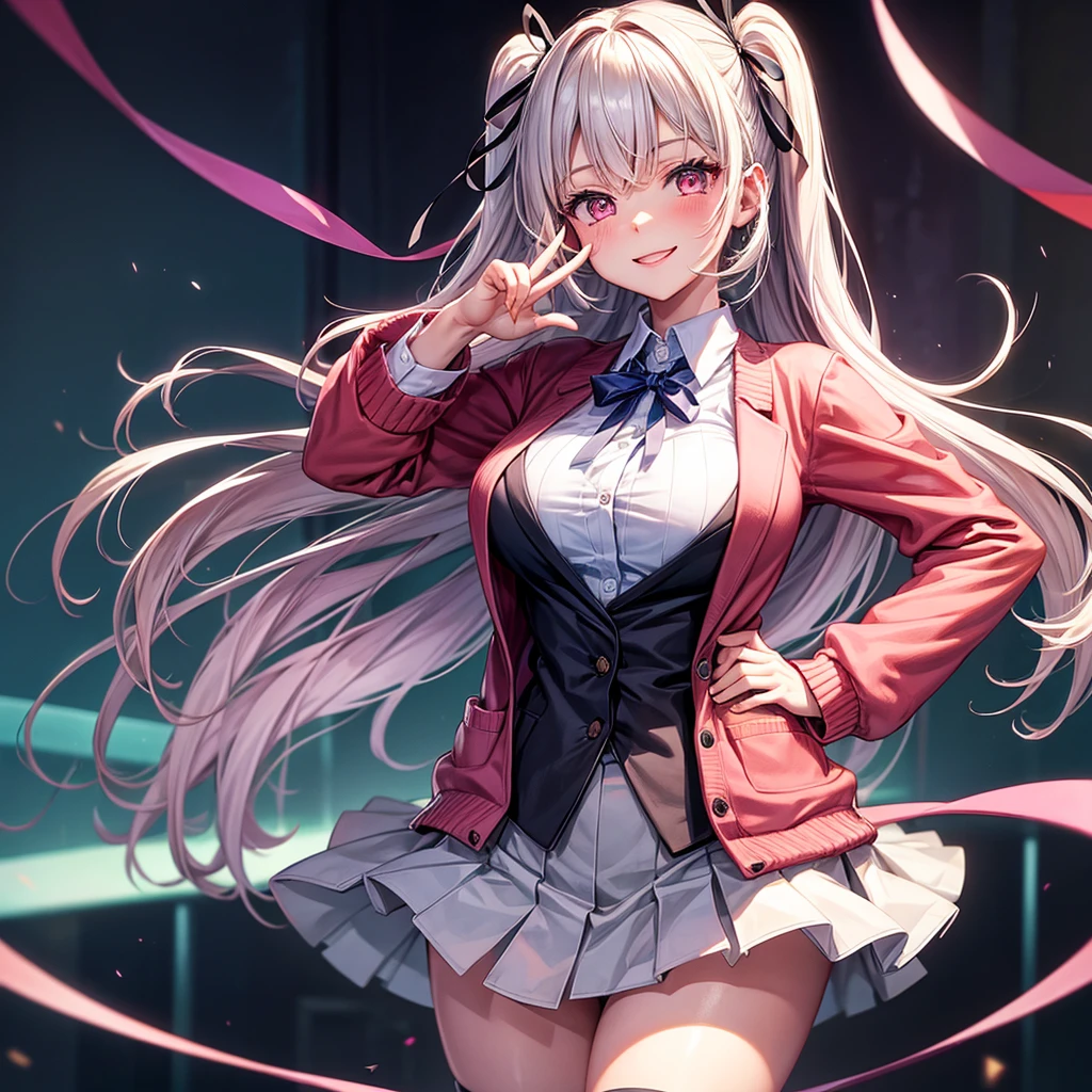 best quality,,smile,cardigan,Evolution Fashion,future fashion,blazer,ribbon on uniform,mini skirt,high school girl,multiple girls are depicted,harem,idol group,photo shoot,long hair,wearing a cardigan,highest quality,big breasts,happy girl,horny girl,pink eyes,perfect face,standing position,I have my hands in my pockets,letting down one's Bangs,beautiful eyes,gym,girls hugging each other,smooth hair,multicolored hair colors,naughty girl,beautiful girl,beautiful girl,loose socks