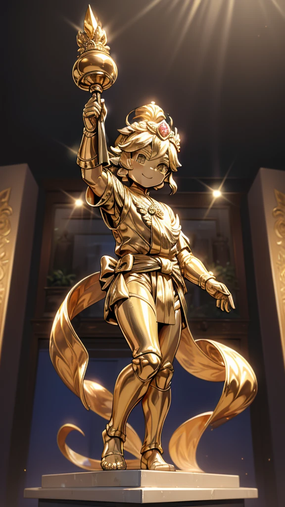 一个男孩的Gold statue旁边停着一只燕子。王子的Gold statue，Prince style，Prince costume，Court dress，Gold statue，男孩的Gold statue，带着黄金冠冕的Gold statue，脚边停着一只燕子的Gold statue，Golden Boy Statue，Gold statue，cute男孩，British style，Victorian style，crown，crown，Golden Boy Sculpture，Golden Boy Statue，Gold statue，佩剑的Gold statue，腰带上挂着配剑的Gold statue，cute男孩，cute，cute，cute，cute，shota，cute男孩，cute男孩，Moe，Giant golden statue，Giant golden statue，Outdoor Background，Smiling statue，Close-up above the waist镜头，Close-up above the waist