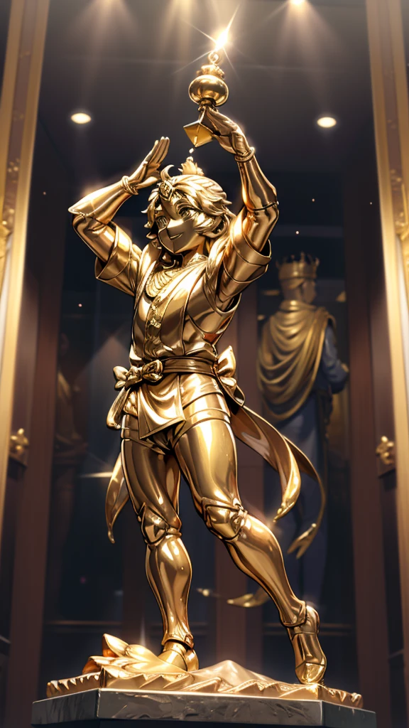 一个男孩的Gold statue旁边停着一只燕子。王子的Gold statue，Prince style，Prince costume，Court dress，Gold statue，男孩的Gold statue，带着黄金冠冕的Gold statue，脚边停着一只燕子的Gold statue，Golden Boy Statue，Gold statue，cute男孩，British style，Victorian style，crown，crown，Golden Boy Sculpture，Golden Boy Statue，Gold statue，佩剑的Gold statue，腰带上挂着配剑的Gold statue，cute男孩，cute，cute，cute，cute，shota，cute男孩，cute男孩，Moe，Giant golden statue，Giant golden statue，Outdoor Background，Smiling statue，Close-up above the waist镜头，Close-up above the waist