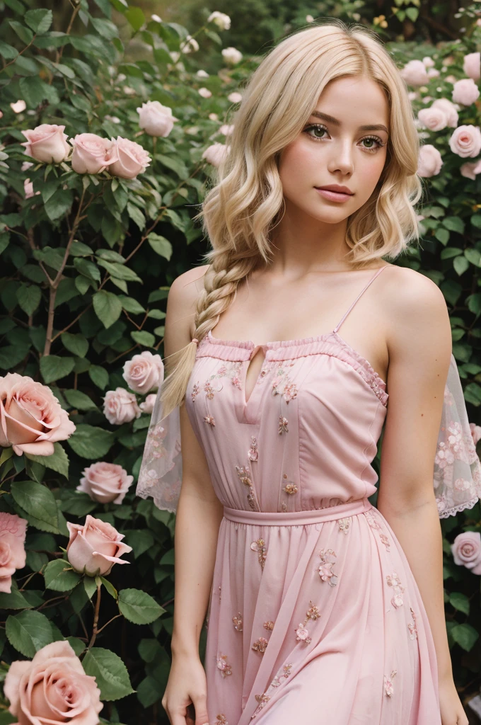 8k, RAW photo, Fujifilm, style photo of a beautiful young woman as avril in a garden of light pink roses (highly detailed skin: 1.2) Style-Petal BREAK short hair, blonde hair with colored locks, wearing a dress, film granulation, 35mm, cute style
