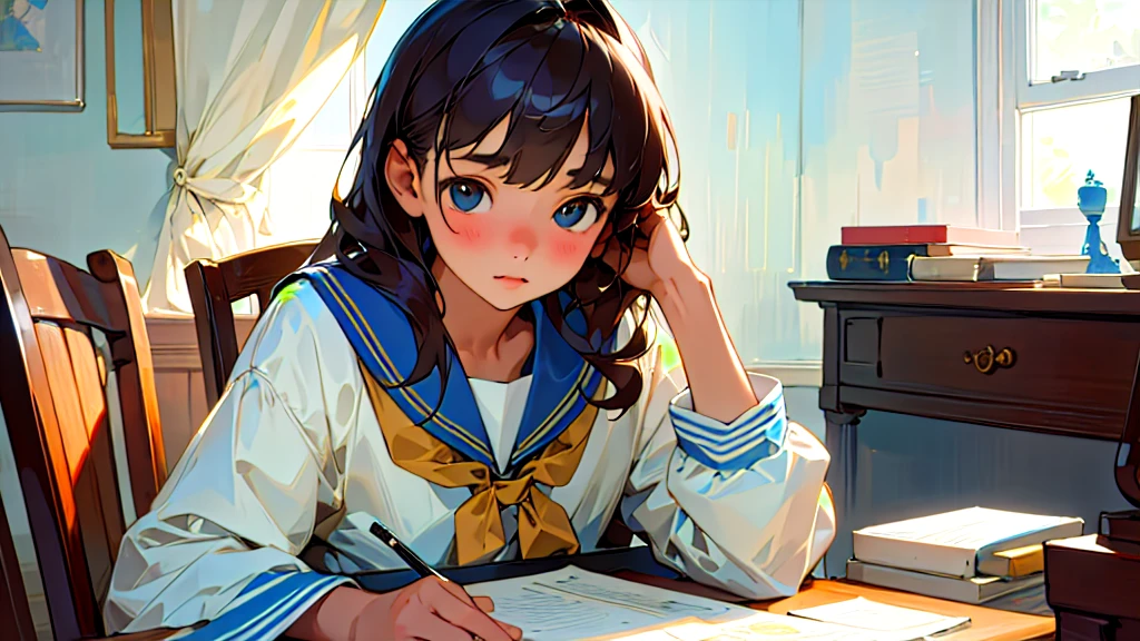 (Highest quality, masterpiece, Ultra-realistic), Beautiful and delicate１５Year-old girl portrait, With a calm and gentle expression, The background is a man studying hard at his desk in his bedroom at home.、Sailor suit、Bust is C cup、It&#39;s summer、The decorations are retro、Landscape、Holding a pen、I read a book