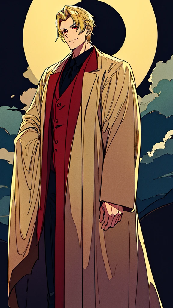 masterpiece, best quality, high quality, detailed, ultra detailed, beautiful, man, male, evil smiling, standing, looking at viewer, short hair, blonde, red eyes, pale skin, tall, athletic, suit, black background, outside, beautiful, anime, moonlight