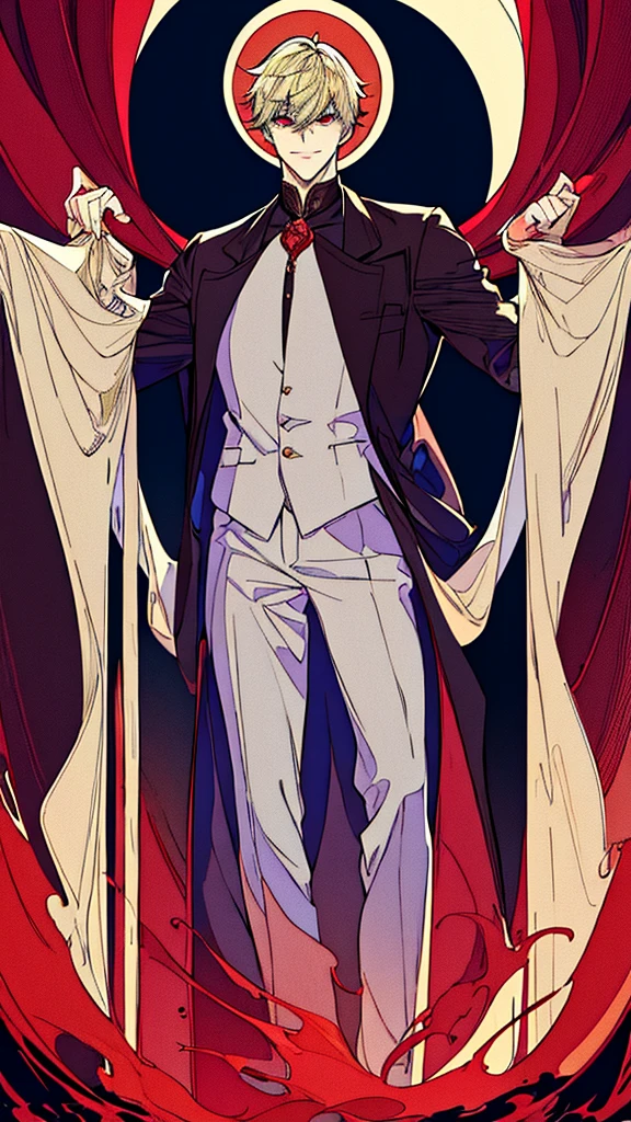 masterpiece, best quality, high quality, detailed, ultra detailed, beautiful, man, male, evil smiling, standing, looking at viewer, short hair, blonde, red eyes, pale skin, tall, athletic, suit, black background, outside, beautiful, anime, moonlight
