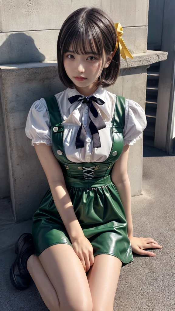 masterpiece, best quality, illustration, Super detailed, fine details, High resolution, 8K,wall paper, perfect dynamic composition, front view, knees, 18 year old girl, Gravure Idol, cute type, (Details High quality, realistic depiction of eyes:1.3), revealing clothes, short bob hair, bangs, black hair color, Dark makeup, Big Natural Color Lip, Emphasize the size of the breast, perfect body shape, plump figure, beautiful clavicle, Black leather jacket, BREAK (fusion of dirndl and short sleeve white collared-shirt with neck ribbon:1.4), ((A-line, underboobs, puff sleeves):1.3), ((deep-green Pinafore):1.3), thighs skin, (socks:1.3), (shoes:1.2)