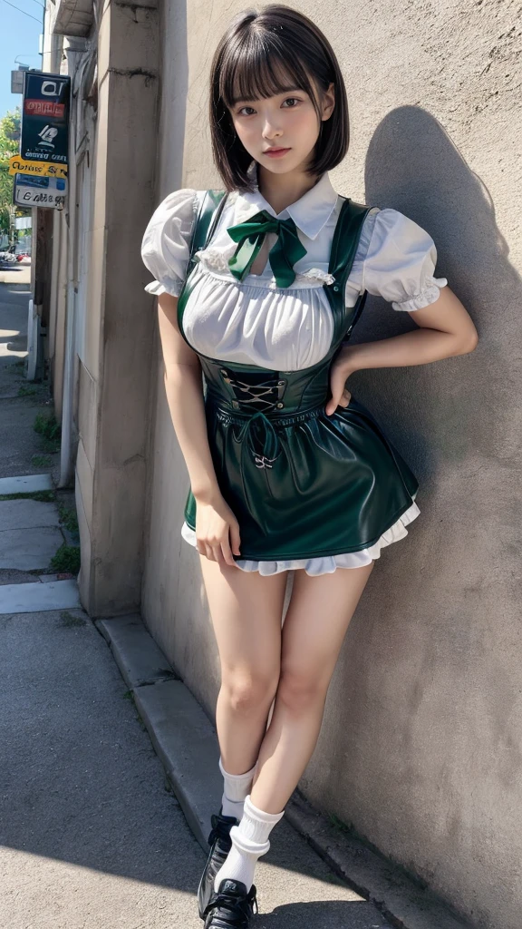 masterpiece, best quality, illustration, Super detailed, fine details, High resolution, 8K,wall paper, perfect dynamic composition, front view, knees, 18 year old girl, Gravure Idol, cute type, (Details High quality, realistic depiction of eyes:1.3), revealing clothes, short bob hair, bangs, black hair color, Dark makeup, Big Natural Color Lip, Emphasize the size of the breast, perfect body shape, plump figure, beautiful clavicle, Black leather jacket, BREAK (fusion of dirndl and short sleeve white collared-shirt with neck ribbon:1.4), ((A-line, underboobs, puff sleeves):1.3), ((deep-green Pinafore):1.3), thighs skin, (socks:1.3), (shoes:1.2)