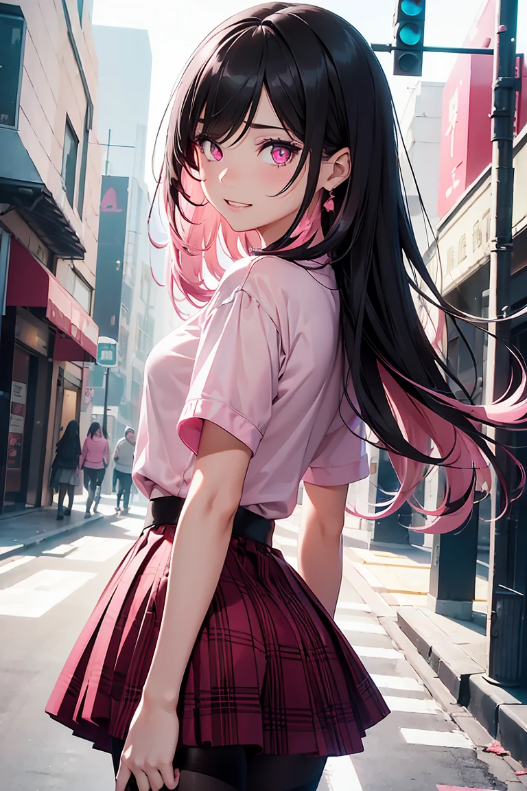 ((1 Girl)), Latest Trends in Clothing, Red Check Skirt, Black clothes ,((pantyhose)), Squat, Street fashion,Cowboy Shot,((Very detailed,Highest quality, High resolution, 8k wallpaper, Beautiful clothes,)),((Black Hair, Long Hair,Straight hair,Both sides up)), (teeth), Grinning face, eye shadow, eyeliner,Glowing Eyes, Very detailed目, Clear Eyes, Beautiful Eyes, ((Glowing pink eyes)), 15-year-old girl.