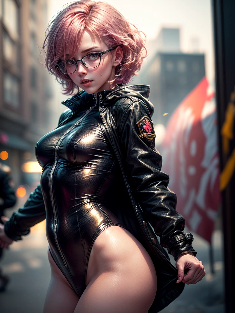 (
(character: a french woman, detective, slim bodysuit, Delgado, pink hair. neat side haircut)
(Clothes: pink trench coat, black shirt, glasses, Boots)
(pose: upper body shot:1.7, dynamic pose)
(blurred, intense urban lights in the background)
(Style: ((Masterpiece:1.5)), (detailed face), photorealistic:1.3, Hyper realistic, foggy, High contrast, shiny skin, soft lighting, backlighting, Bloom, flashes of light, chromatic aberration)