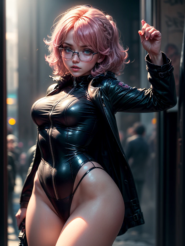 ( 
    (character: a french woman, detective, slim bodysuit, Delgado, pink hair. neat side haircut)
    (Clothes: pink trench coat, black shirt, glasses, Boots)
    (pose: upper body shot:1.7, dynamic pose)
    (blurred, intense urban lights in the background) 
    (Style: ((Masterpiece:1.5)), (detailed face), photorealistic:1.3, Hyper realistic, foggy, High contrast, shiny skin, soft lighting, backlighting, Bloom, flashes of light, chromatic aberration)