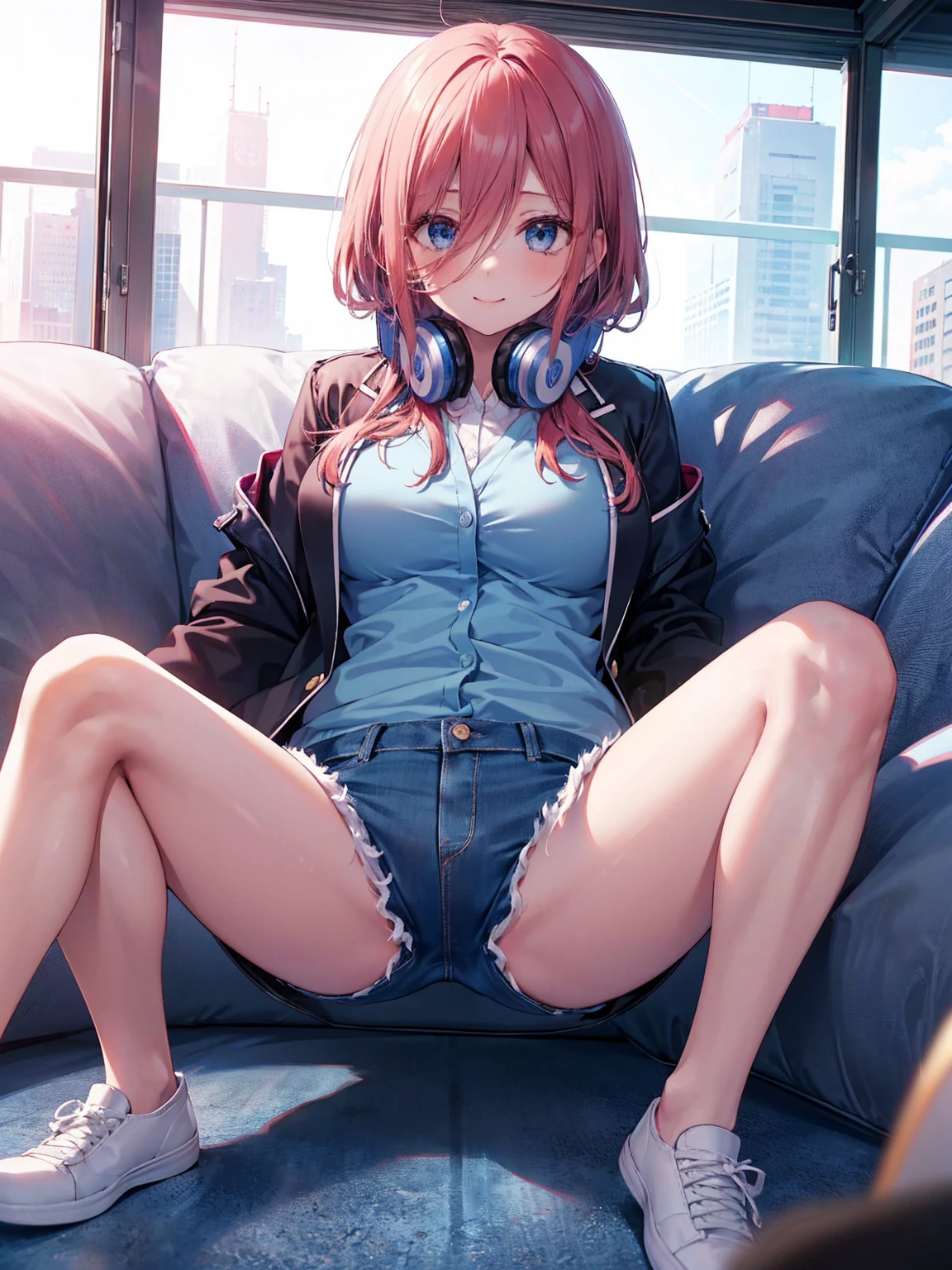 (8K, Highest quality, Highest quality, masterpiece), sit on the floor, (denim hot shorts), (mini shorts), big breasts, ((spread legs 1:2)), nm1, headphones around neck, long sleeves, blue cardigan, pantyhose, (fullbody), smile, school uniform, open jacket