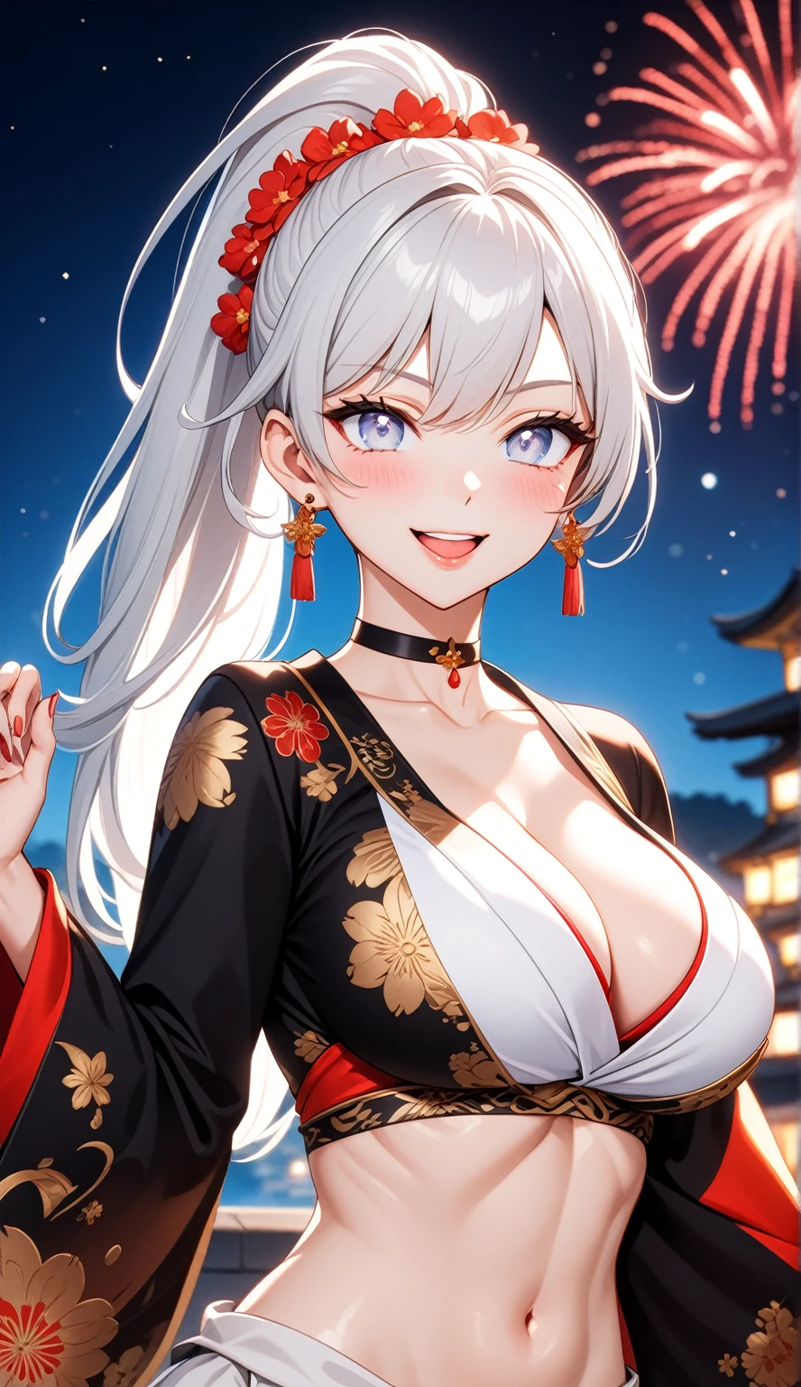 (One personの女性)), Beautiful Face, (Laughing embarrassedly), ((smirk)), ((Wink:1.8)),  Laugh with your mouth wide open,((Bright red cheeks:1.4)),Shiny red lips, night,rooftop,Festivals, firework,Glossy red lips,Facial lighting,((Anime style background)),masterpiece, Highest quality, so beautiful,up to date, Complex details, ((midriff peek:1.2)), (Pink long nails), (ring),(bracelet),(choker),AI-generated, Complex,High resolution, Highest quality, super high quality,3D Images、3D Images,One person,Long white hair in a side high ponytail,(blue eyes),  ((Fine grain、Silvery white colorful eyes、Shining Eyes:1.3)), (Squint your eyes:1.1), Anime woman posing for a photo, a hyperRealistic , hyperRealistic , Realistic,Anime woman with long white hair, Smooth anime CG art, A woman in a colorful kimono with gold embroidery, (Black long sleeve kimono),  Red floral pattern,Long flower hair ornament,Earrings,Mature Body,(Big Breasts:1.1),Tall,Abdominal muscles,Narrow waist,(Zoom in on face:1.4),