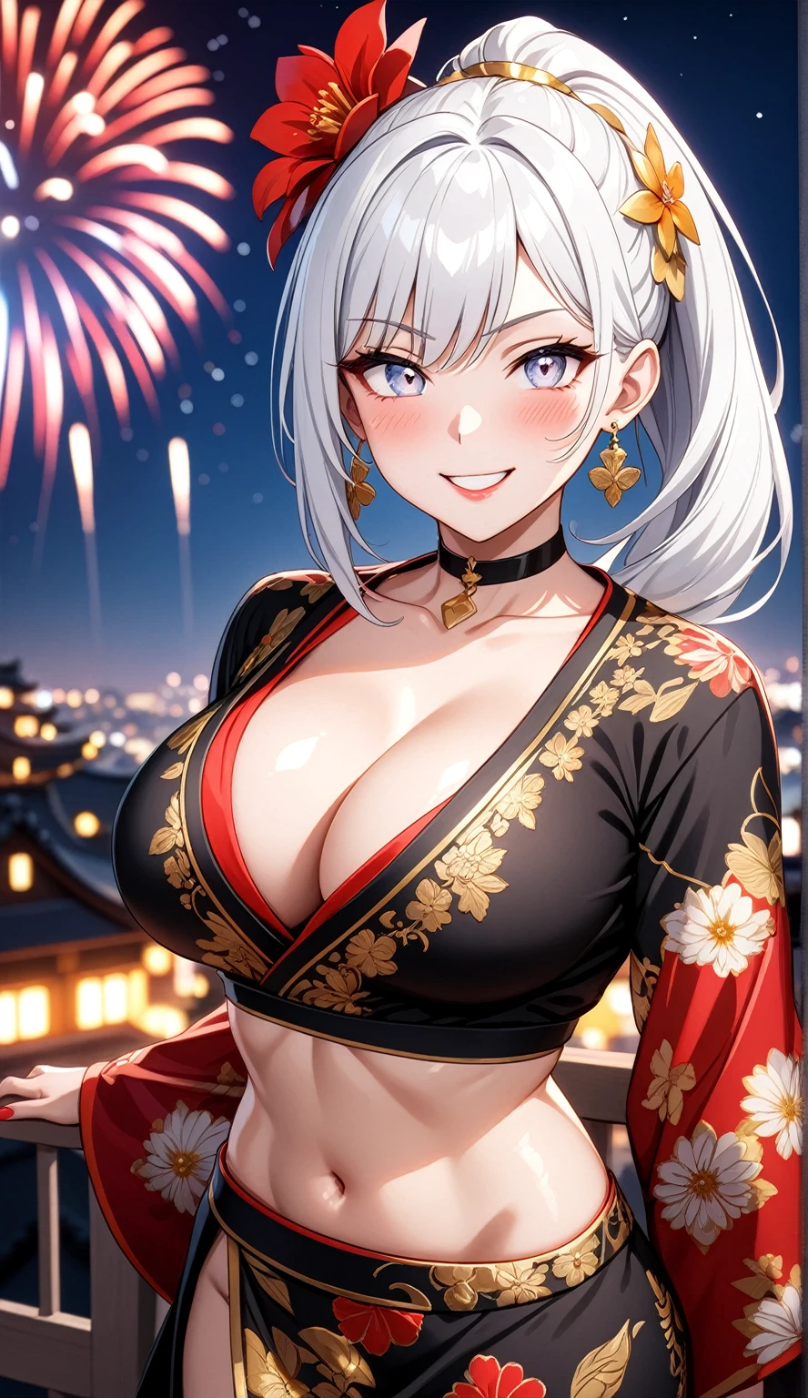 (One personの女性)), Beautiful Face, (Laughing embarrassedly), ((smirk)), ((Wink:1.8)),  Laugh with your mouth wide open,((Bright red cheeks:1.4)),Shiny red lips, night,rooftop,Festivals, firework,Glossy red lips,Facial lighting,((Anime style background)),masterpiece, Highest quality, so beautiful,up to date, Complex details, ((midriff peek:1.2)), (Pink long nails), (ring),(bracelet),(choker),AI-generated, Complex,High resolution, Highest quality, super high quality,3D Images、3D Images,One person,Long white hair in a side high ponytail,(blue eyes),  ((Fine grain、Silvery white colorful eyes、Shining Eyes:1.3)), (Squint your eyes:1.1), Anime woman posing for a photo, a hyperRealistic , hyperRealistic , Realistic,Anime woman with long white hair, Smooth anime CG art, A woman in a colorful kimono with gold embroidery, (Black long sleeve kimono),  Red floral pattern,Long flower hair ornament,Earrings,Mature Body,(Big Breasts:1.1),Tall,Abdominal muscles,Narrow waist,(Zoom in on face:1.4),