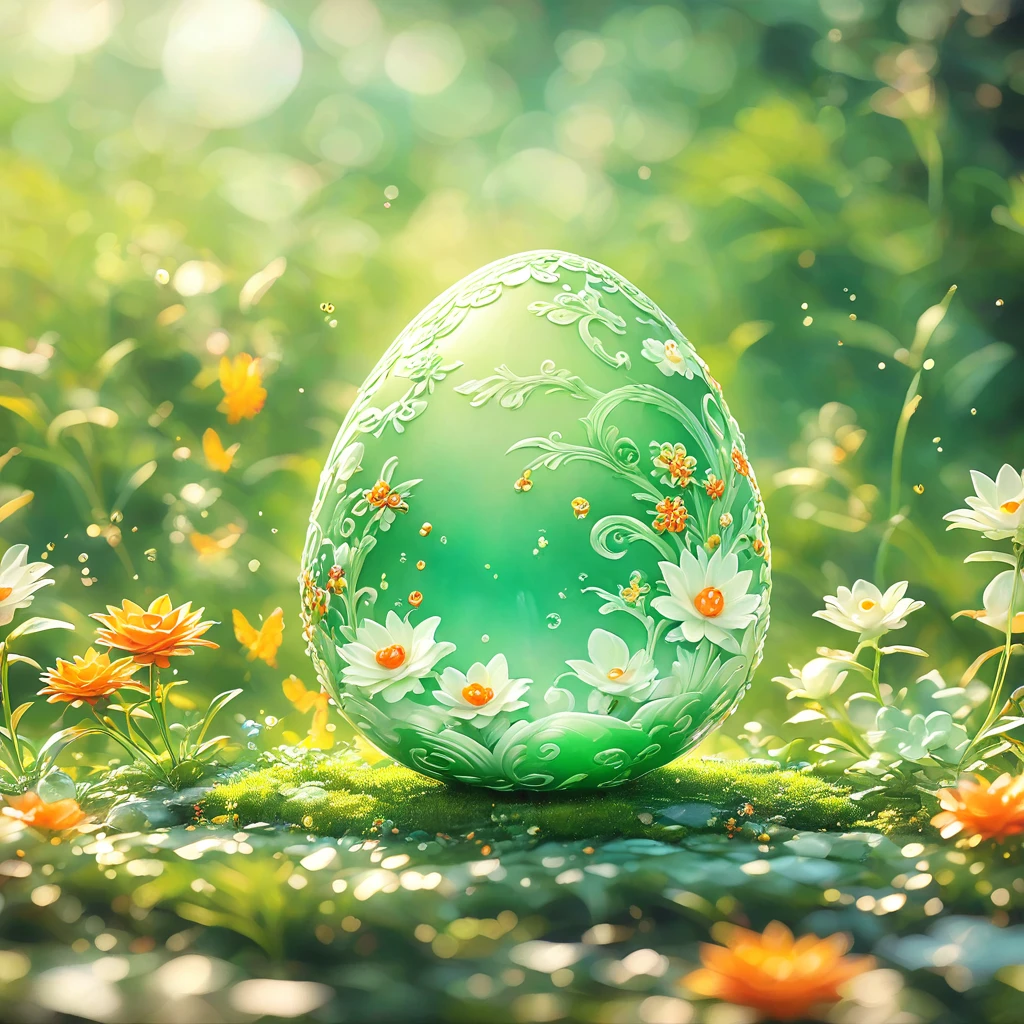 best quality, very good, 16K, ridiculous, Extremely detailed, charming(((Egg:1.3))),Made of translucent jade, Background grassland((A masterpiece full of fantasy elements))), ((best quality)), ((Intricate details))(8K)