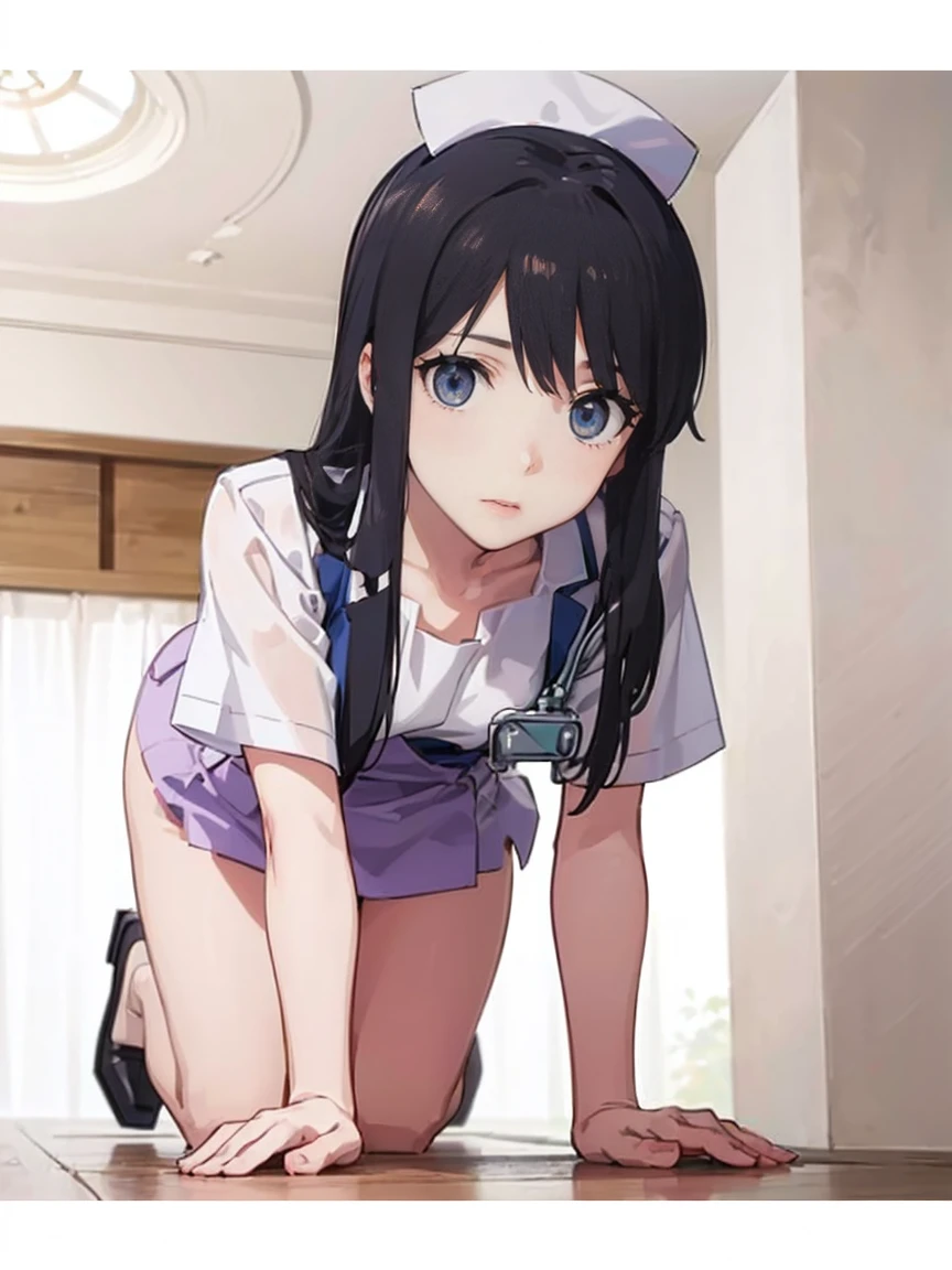 (( Fleet Collection、Kantai Collection、Yao)),(((nurse、belly button)))、woman,Cowboy Shot, (((white background))) 、Best image quality, high quality, The background is clear,きれいなwoman, Japanese, detailed, detailed eyes, detailed skin, Beautiful Skin, 超High resolution, (reality: 1.4),とても美しいwoman, A little younger face, Beautiful Skin, thin, (Ultra-photorealism), (High resolution), (8K), (非常にdetailed) 、(Beautiful and detailed eyes), (非常にdetailed), (detailed face), Displaying the viewer, Fine details, detailed face, smile,Straight,Looking Ahead, StraightLooking Ahead, Photo Real,Hairstyle: ponytail、short hair,Brown Hair、smile、Very delicate body、Very flat chest、hair over one eye, from below,(Kneel, On all fours:1.2), ( Looking at the audience:1.4), (Stick your butt out:1.2), Dutch Angle、Normal limbs、