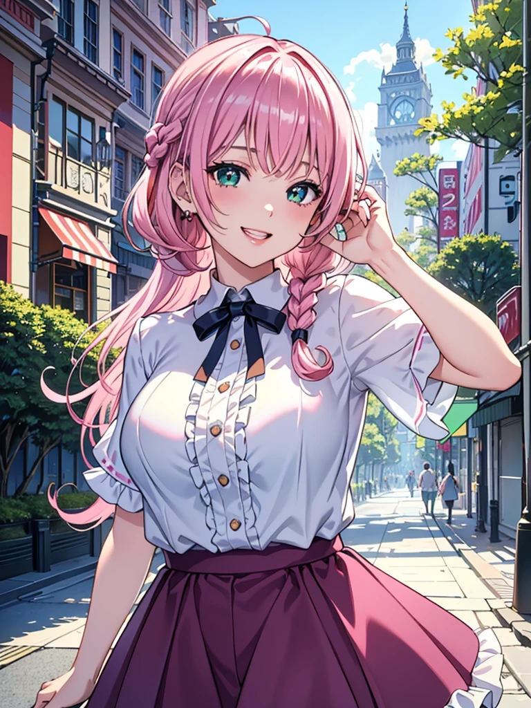 best image quality, masterpiece, ultra detailed, exquisite, cowboy shot, high quality, Beautiful art, One Girl, looking at viewers, hand in own hair, ((18 years old, Big Breasts, Giant bust:1.2)), fair skin, beautiful skin, Detailed teeth, Light green eye rest, beautiful eyes, twinkle(in the eyes), Pink Hair, Pink French Braid, thin, smile, Heartily laugh, Fashionable clothes、(white ruffled blouse:1.1)、White collared goss shirt, (dark blue high-waist skirt), (Short sleeve shirt:1.1),from above, shibuya, In city,