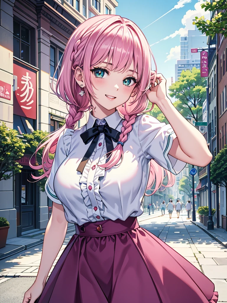 best image quality, masterpiece, ultra detailed, exquisite, cowboy shot, high quality, Beautiful art, One Girl, looking at viewers, hand in own hair, ((18 years old, Big Breasts, Giant bust:1.2)), fair skin, beautiful skin, Detailed teeth, Light green eye rest, beautiful eyes, twinkle(in the eyes), Pink Hair, Pink French Braid, thin, smile, Heartily laugh, Fashionable clothes、(white ruffled blouse:1.1)、White collared goss shirt, (dark blue high-waist skirt), (Short sleeve shirt:1.1),from above, shibuya, In city,