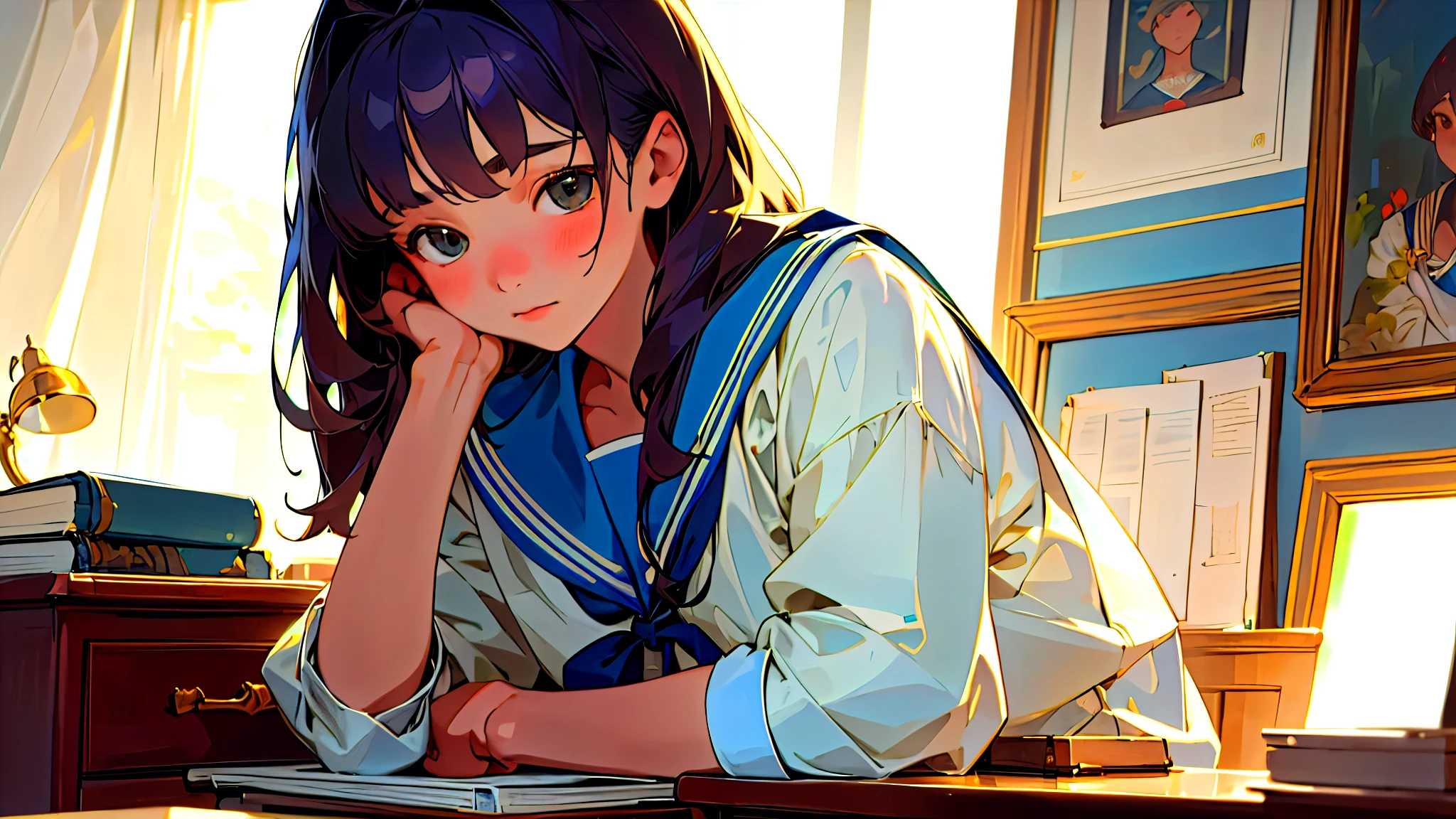 (Highest quality, masterpiece, Ultra-realistic), Beautiful and delicate15Year-old girl portrait, With a calm and gentle expression, The background is a man studying hard at his desk in his bedroom at home.、Sailor suit、Bust is C cup、It's summer、The decorations are retro、Landscape、Holding a pen、I read a book